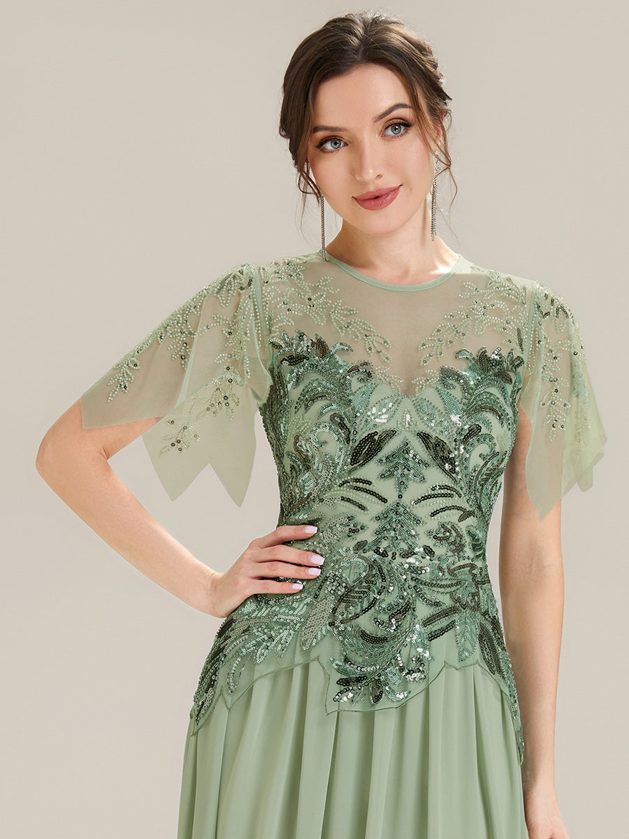 Color=Mint Green | Factory Design Short Sleeve Ruffle Sequin Beaded A-Line Floor Length Evening Dresses-Mint Green 3