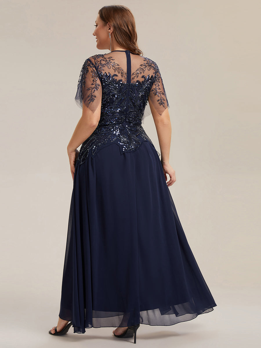 Color=Navy Blue | Factory Design Short Sleeve Ruffle Sequin Beaded A-Line Floor Length Evening Dresses-Navy Blue 17