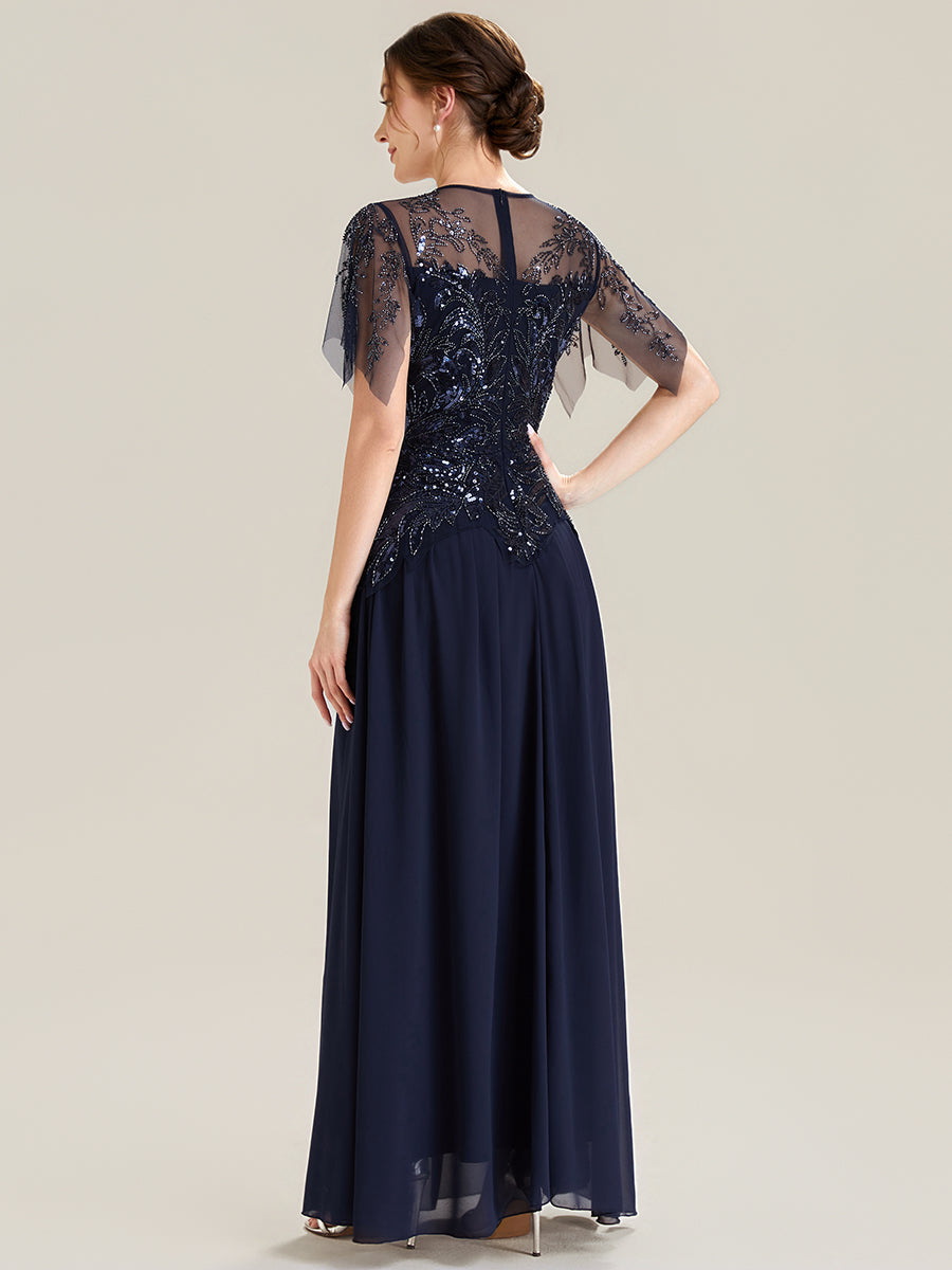 Color=Navy Blue | Factory Design Short Sleeve Ruffle Sequin Beaded A-Line Floor Length Evening Dresses-Navy Blue 12