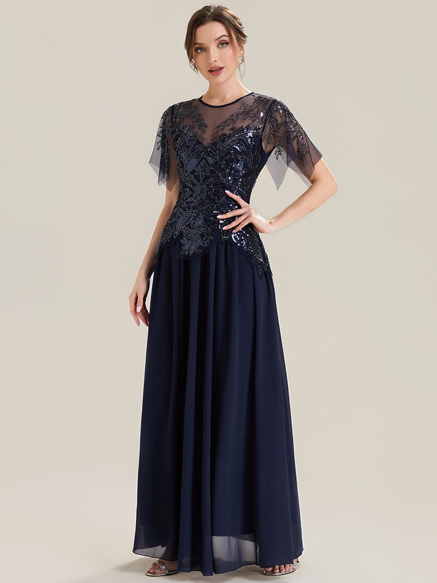 Color=Navy Blue | Factory Design Short Sleeve Ruffle Sequin Beaded A-Line Floor Length Evening Dresses-Navy Blue 14