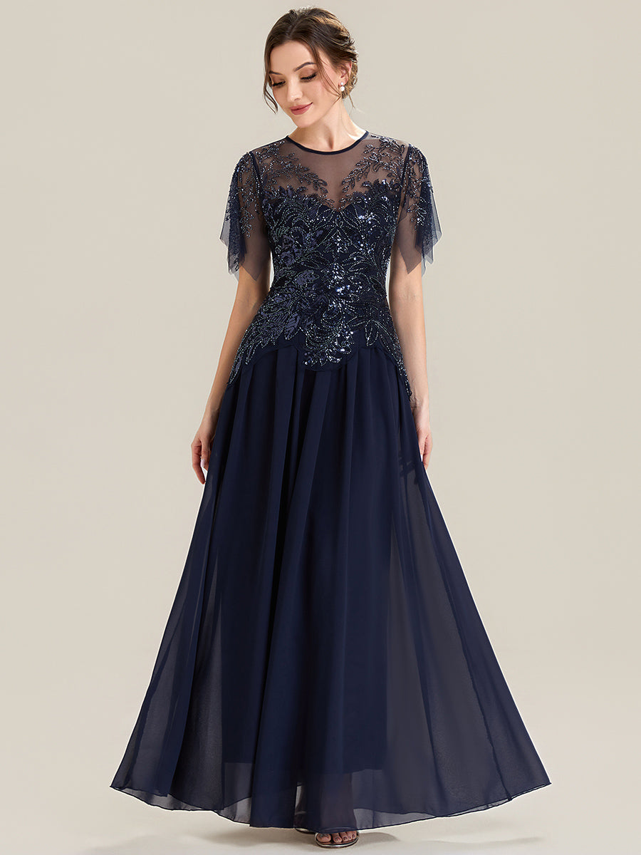 Color=Navy Blue | Factory Design Short Sleeve Ruffle Sequin Beaded A-Line Floor Length Evening Dresses-Navy Blue 15