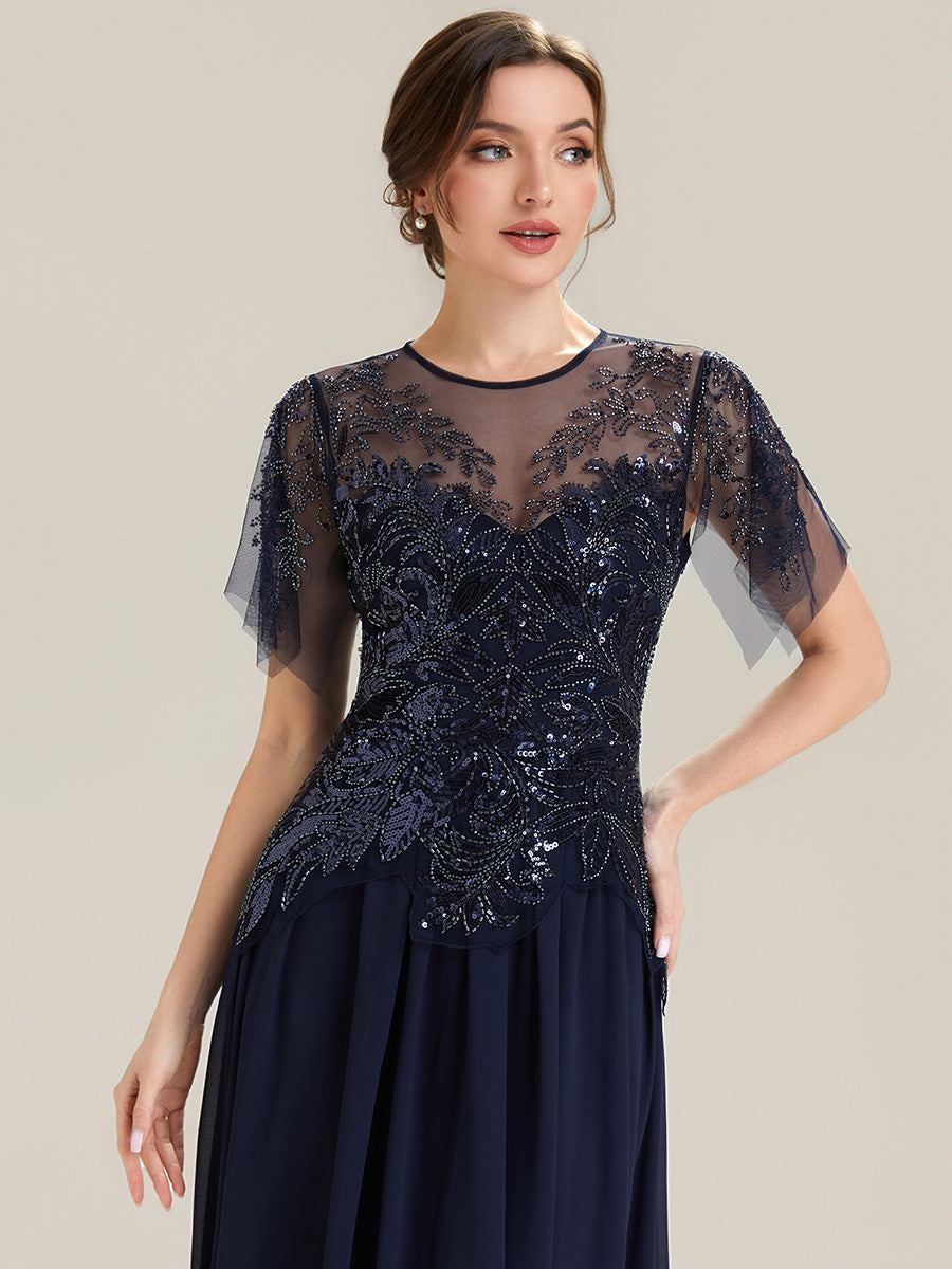 Color=Navy Blue | Factory Design Short Sleeve Ruffle Sequin Beaded A-Line Floor Length Evening Dresses-Navy Blue 13