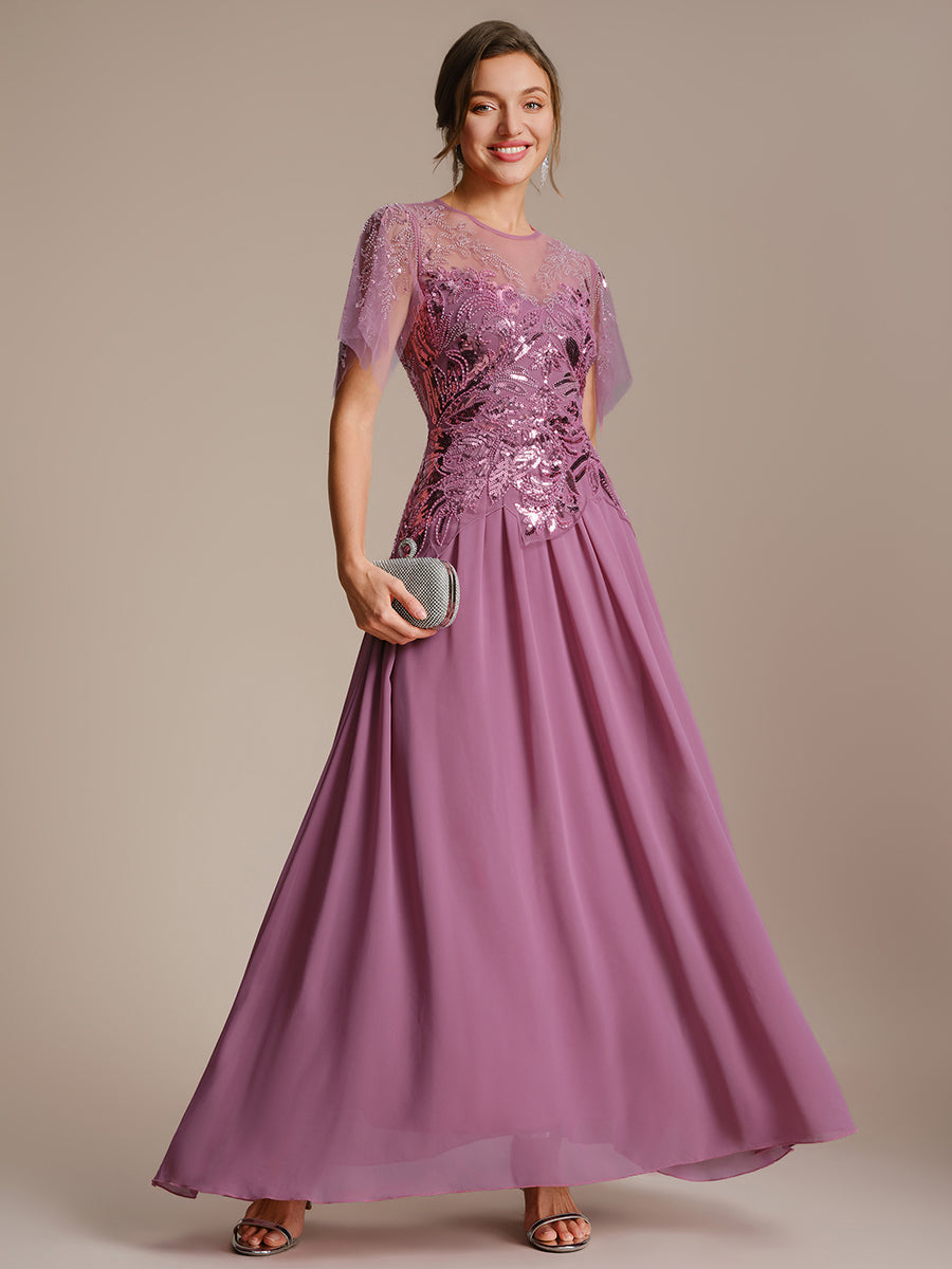 Color=Orchid | Volume Discounts Short Sleeve Ruffle Sequin Round Neck A-Line Floor Length Evening Dresses-Orchid 1