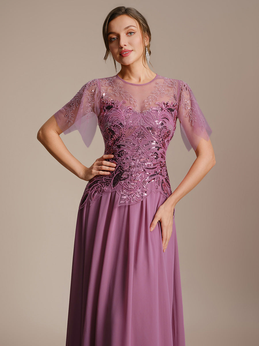 Color=Orchid | Volume Discounts Short Sleeve Ruffle Sequin Round Neck A-Line Floor Length Evening Dresses-Orchid 5