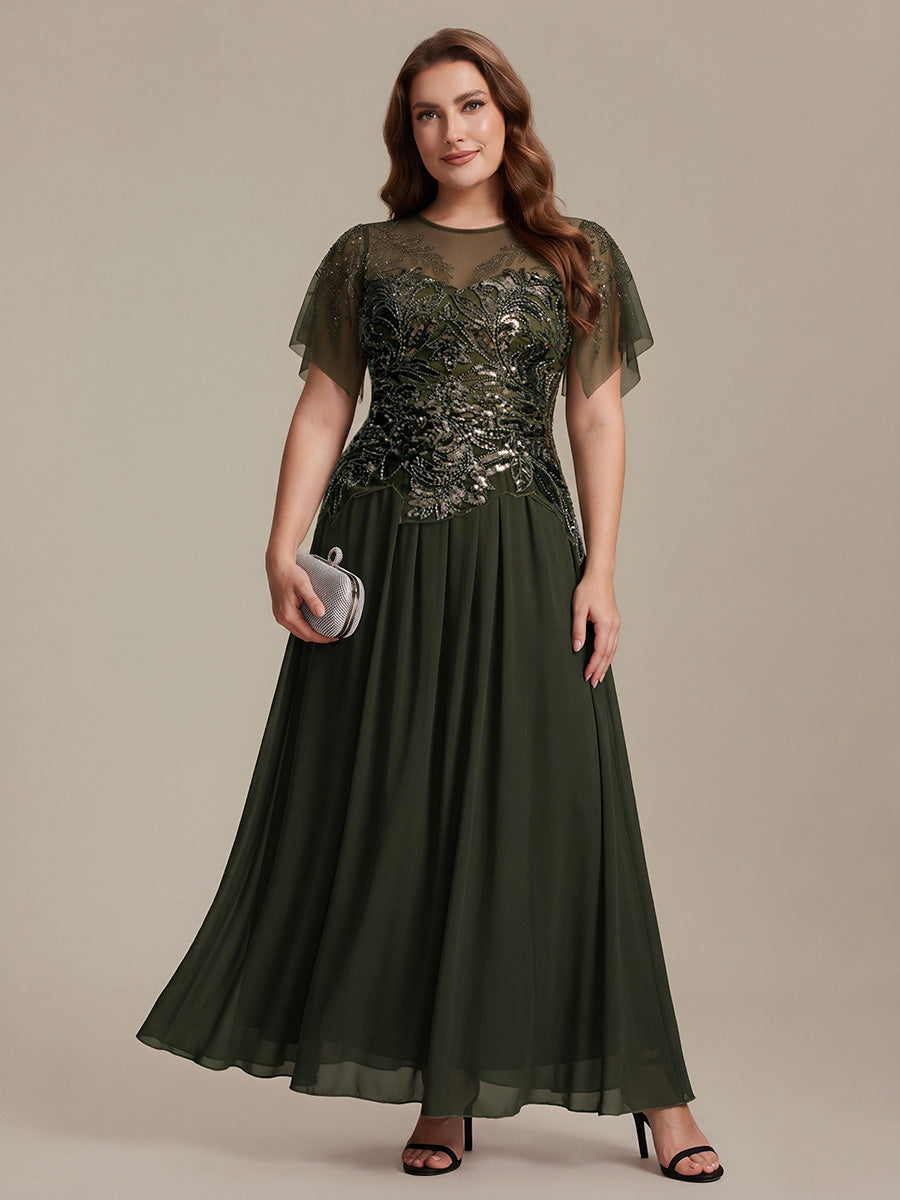 Color=Olive Green | Factory Design Short Sleeve Ruffle Sequin Beaded A-Line Floor Length Evening Dresses-Olive Green 29