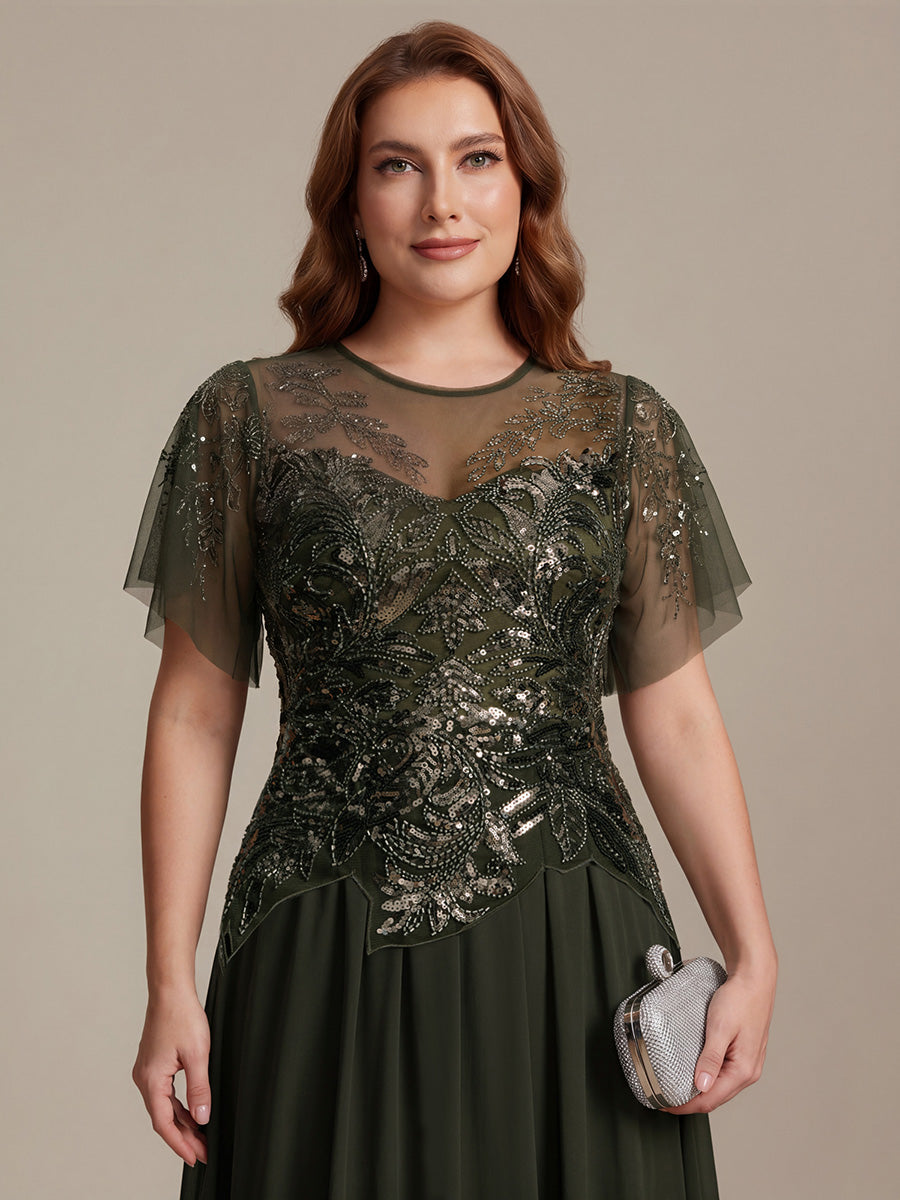Color=Olive Green | Factory Design Short Sleeve Ruffle Sequin Beaded A-Line Floor Length Evening Dresses-Olive Green 28