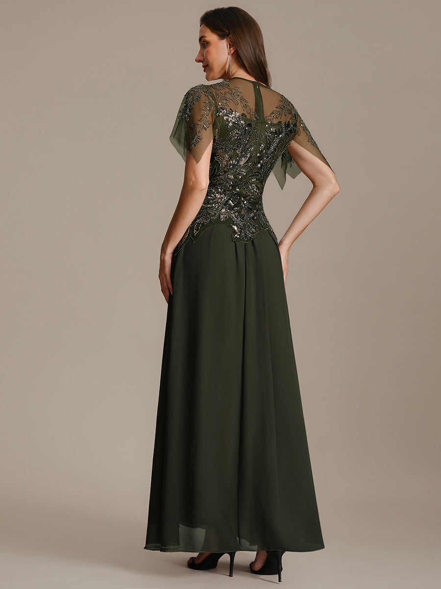 Color=Olive Green | Factory Design Short Sleeve Ruffle Sequin Beaded A-Line Floor Length Evening Dresses-Olive Green 22