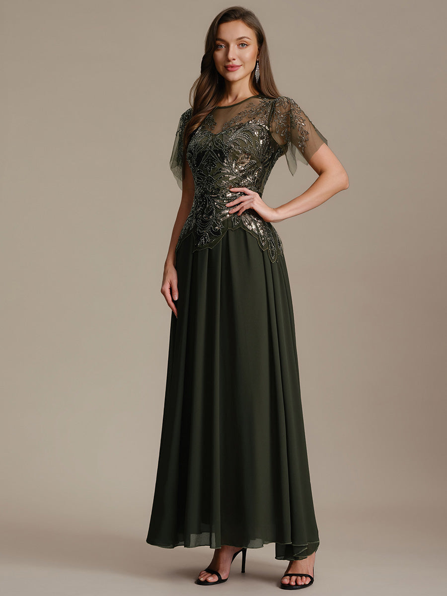 Color=Olive Green | Factory Design Short Sleeve Ruffle Sequin Beaded A-Line Floor Length Evening Dresses-Olive Green 24