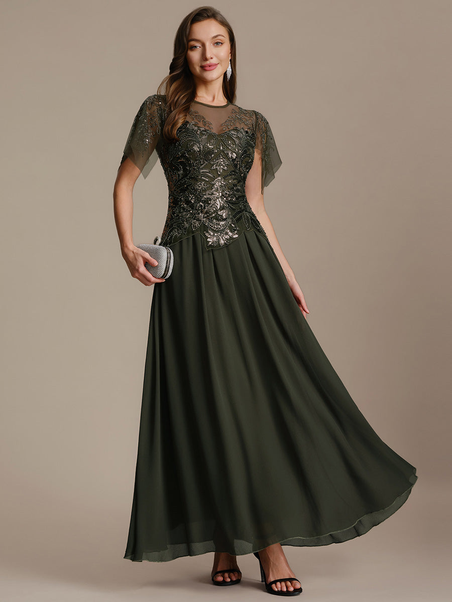 Color=Olive Green | Factory Design Short Sleeve Ruffle Sequin Beaded A-Line Floor Length Evening Dresses-Olive Green 25