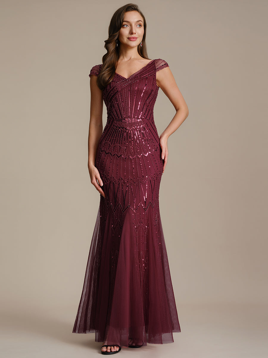 Color=Burgundy | One Stop Shop Short Sleeves Off Shoulder Fishtail Embroidered Evening Dresses-Burgundy 1