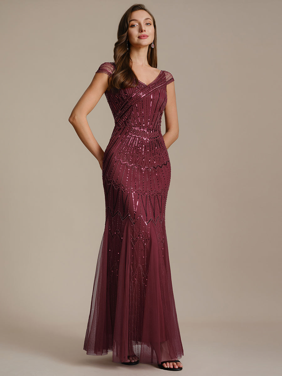 Color=Burgundy | One Stop Shop Short Sleeves Off Shoulder Fishtail Embroidered Evening Dresses-Burgundy 3