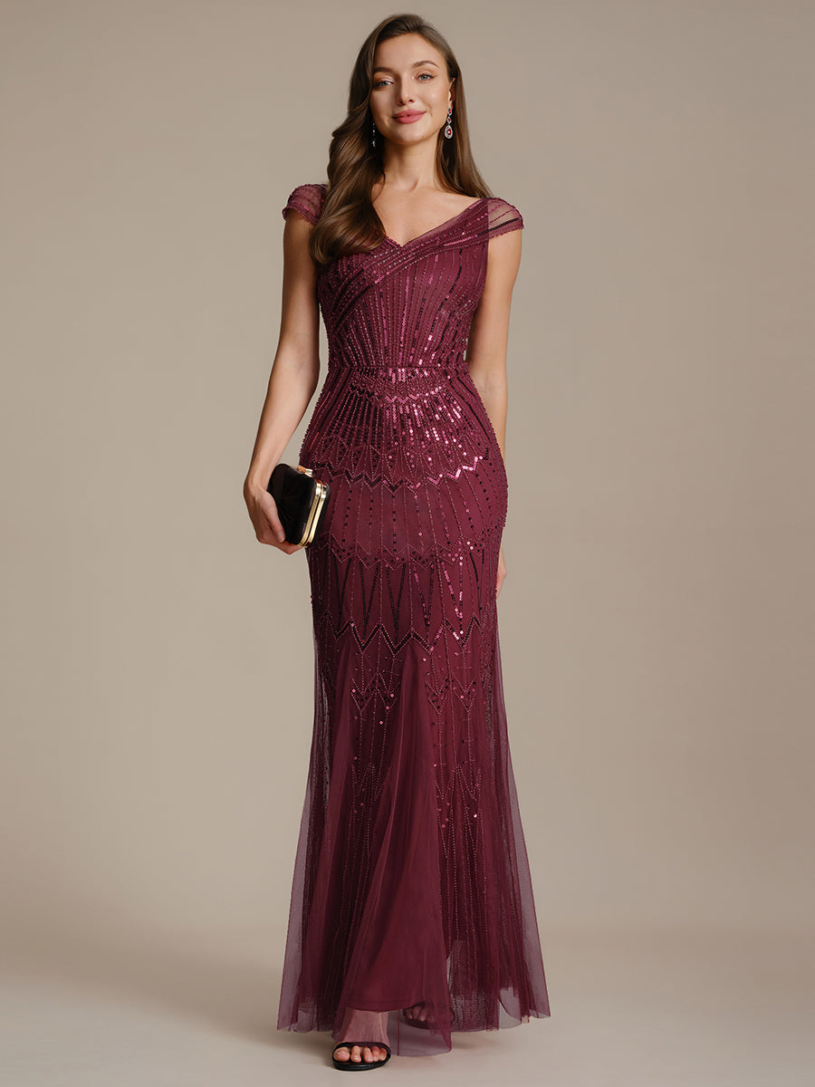 Color=Burgundy | One Stop Shop Short Sleeves Off Shoulder Fishtail Embroidered Evening Dresses-Burgundy 4