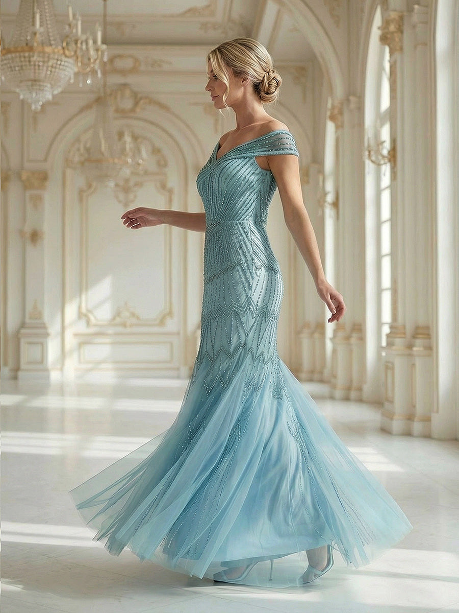 Color=Blue | One Stop Shop Short Sleeves Off Shoulder Fishtail Embroidered Evening Dresses-Blue 8