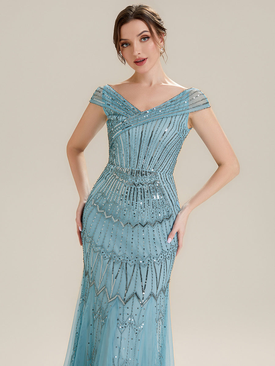 Color=Sky Blue | One Stop Shop Short Sleeves Off Shoulder Fishtail Embroidered Evening Dresses-Sky Blue 3