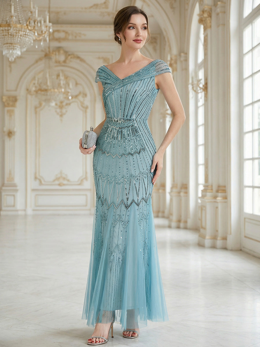 One Stop Shop Short Sleeves Off Shoulder Fishtail Embroidered Evening Dresses