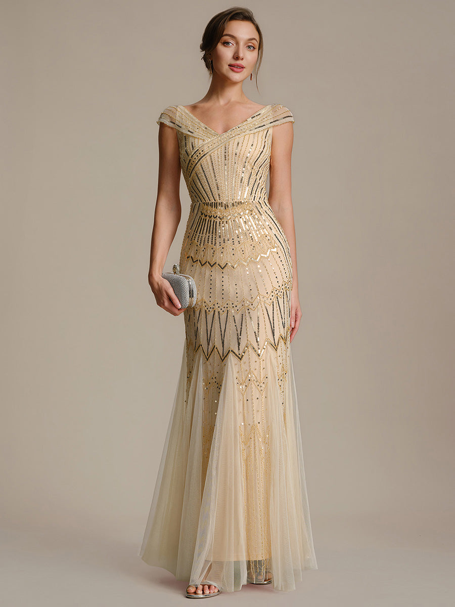 Color=Gold | One Stop Shop Short Sleeves Off Shoulder Fishtail Embroidered Evening Dresses-Gold 1