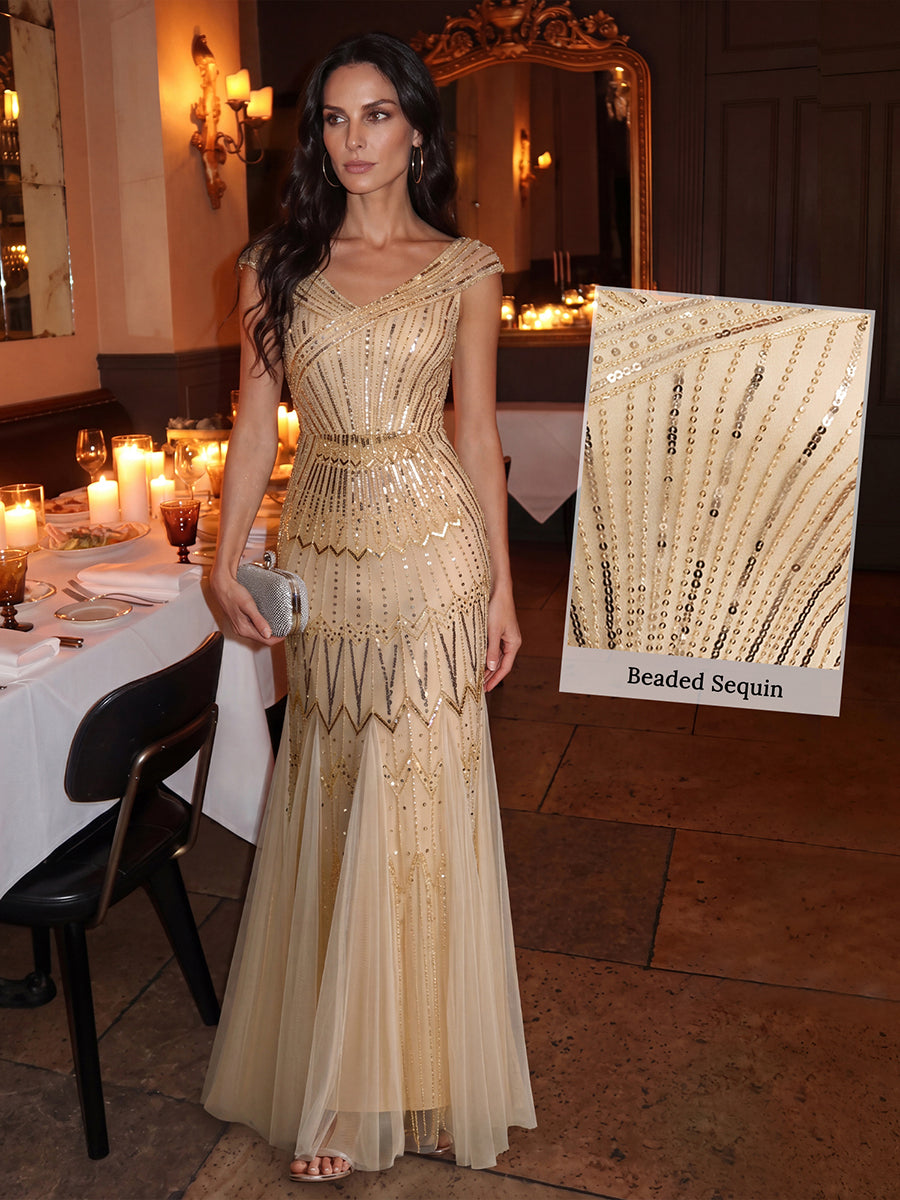 Color=Gold | One Stop Shop Short Sleeves Off Shoulder Fishtail Embroidered Evening Dresses-Gold 9