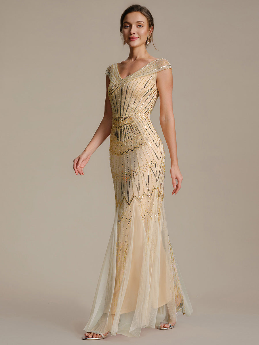 Color=Gold | One Stop Shop Short Sleeves Off Shoulder Fishtail Embroidered Evening Dresses-Gold 4