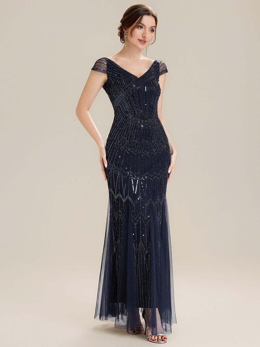 Color=Navy Blue | One Stop Shop Short Sleeves Off Shoulder Fishtail Embroidered Evening Dresses-Navy Blue 6