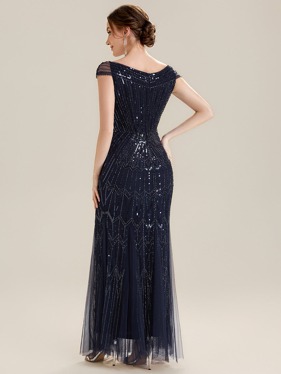 Color=Navy Blue | One Stop Shop Short Sleeves Off Shoulder Fishtail Embroidered Evening Dresses-Navy Blue 7