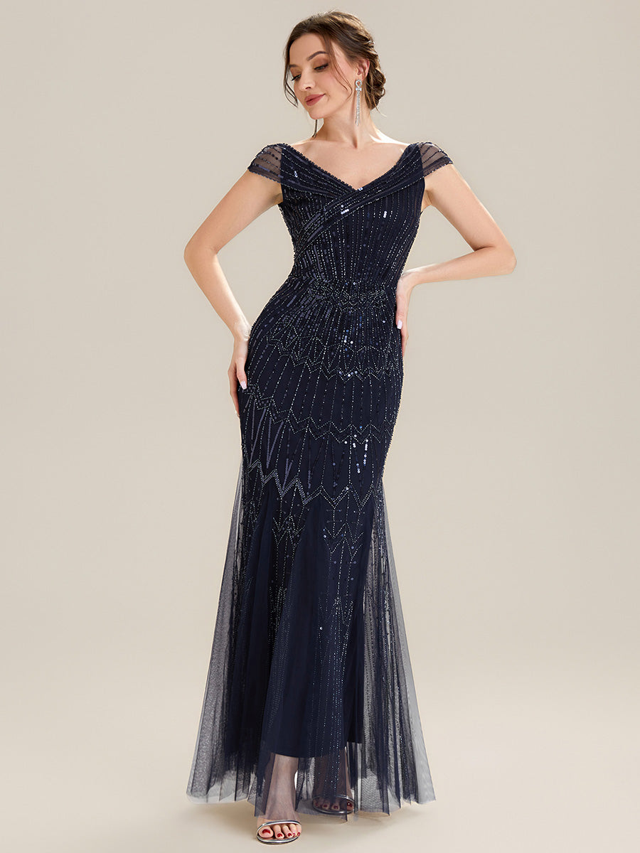Color=Navy Blue | One Stop Shop Short Sleeves Off Shoulder Fishtail Embroidered Evening Dresses-Navy Blue 9
