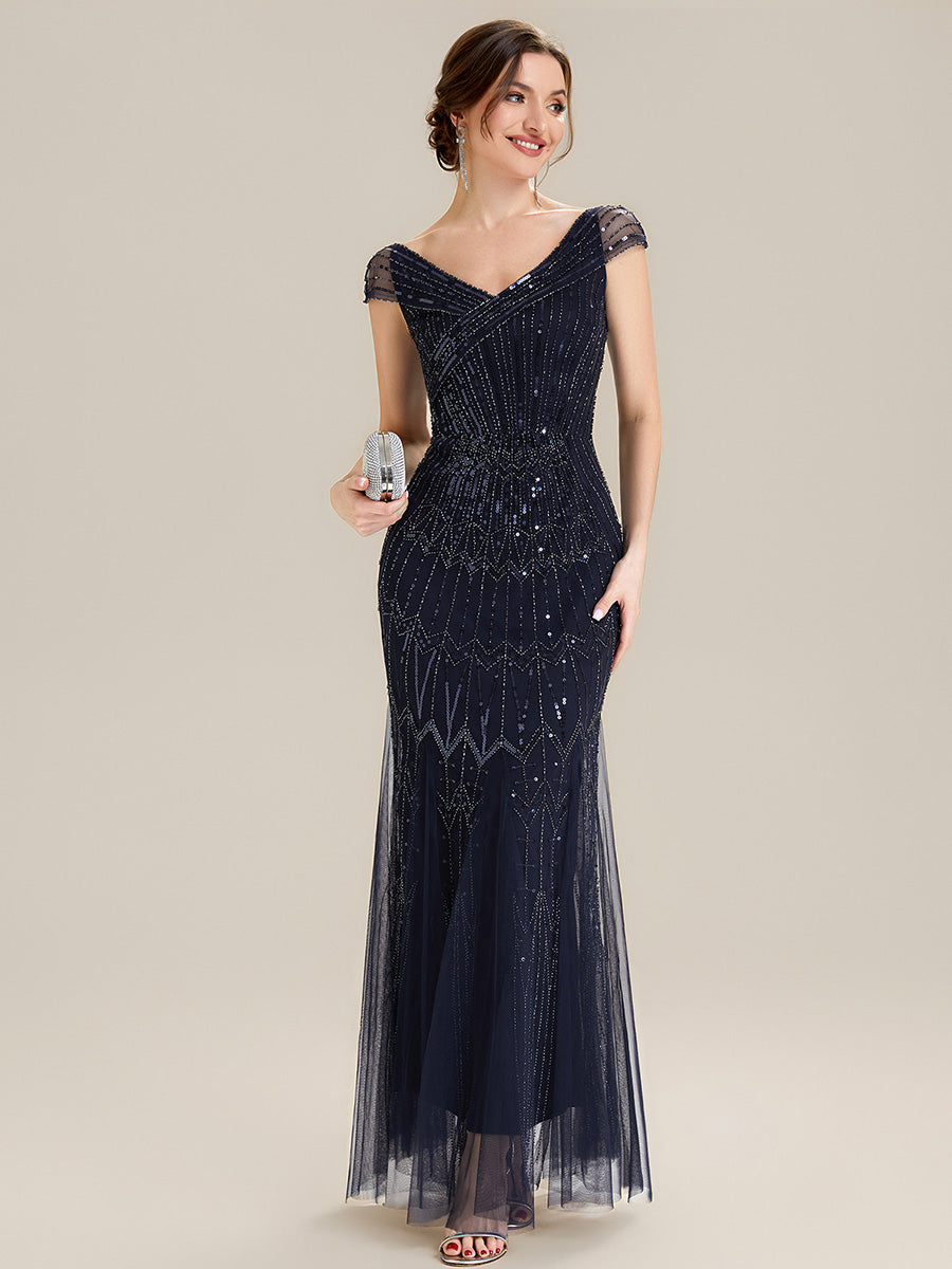 Color=Navy Blue | One Stop Shop Short Sleeves Off Shoulder Fishtail Embroidered Evening Dresses-Navy Blue 10