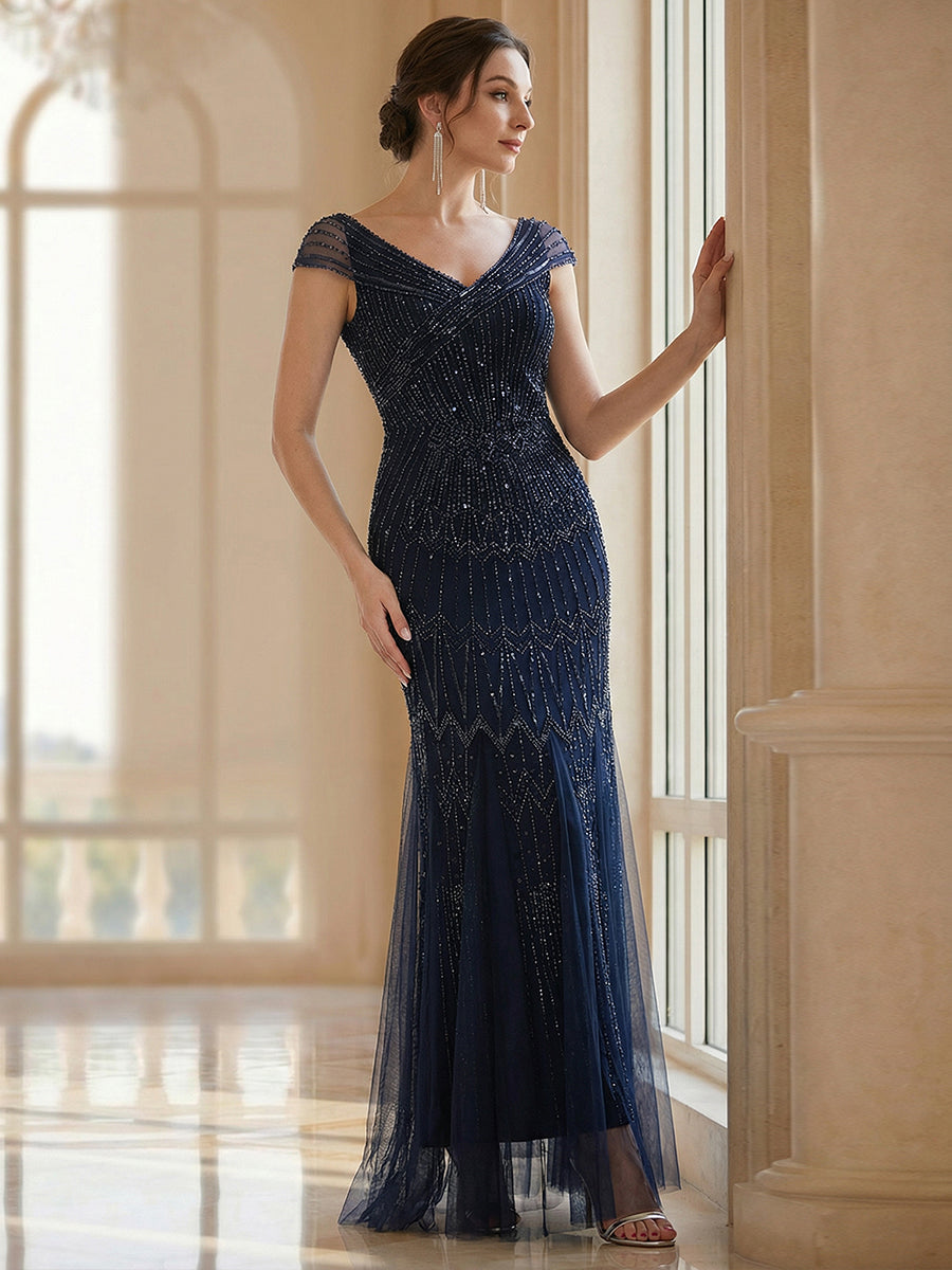 One Stop Shop Short Sleeves Off Shoulder Fishtail Embroidered Evening Dresses