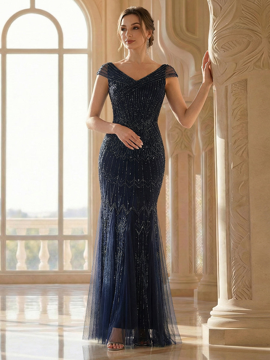 One Stop Shop Short Sleeves Off Shoulder Fishtail Embroidered Evening Dresses