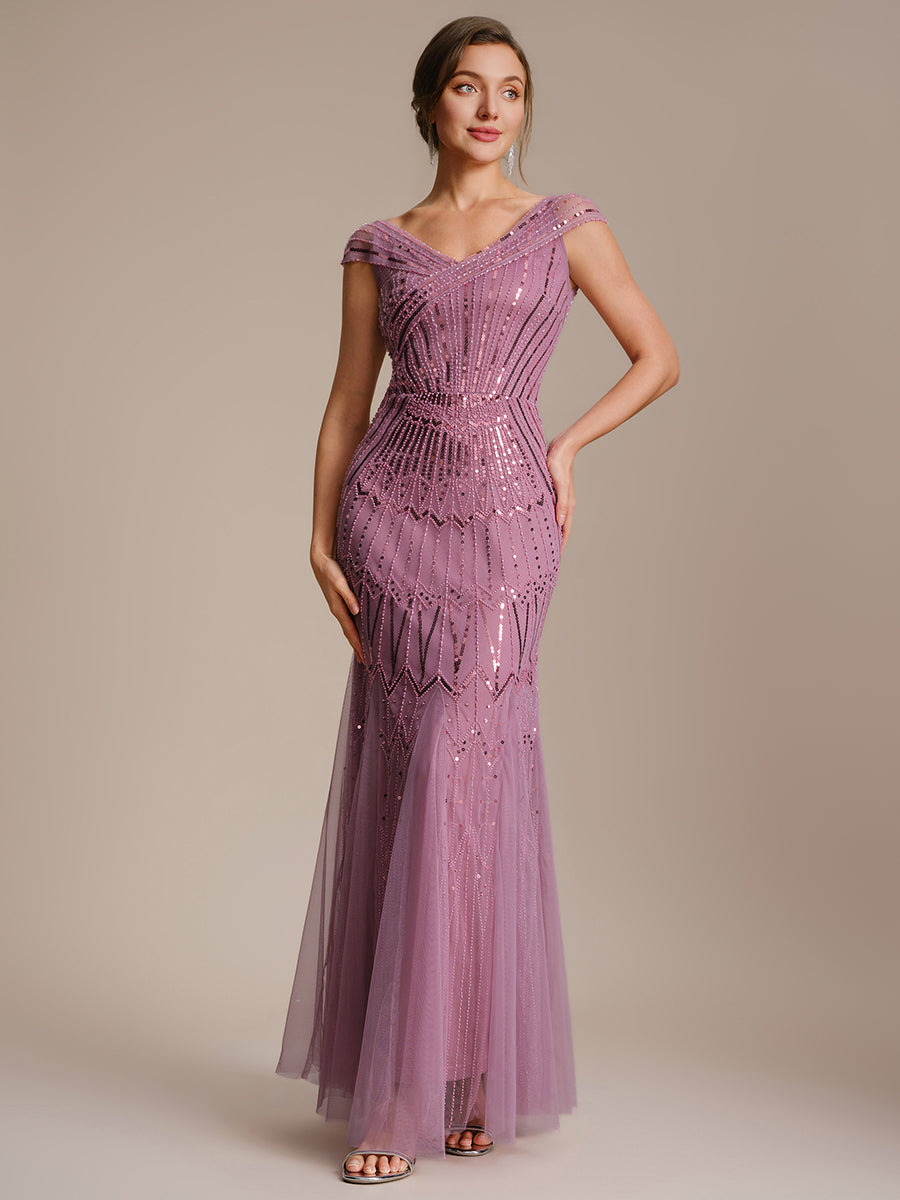 Color=Orchid | One Stop Shop Short Sleeves Off Shoulder Fishtail Embroidered Evening Dresses-Orchid 1