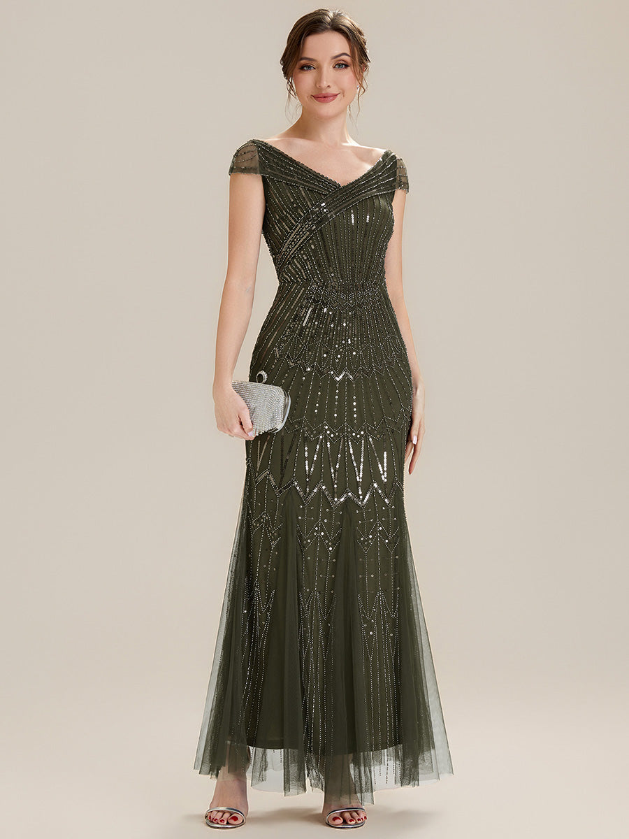 Color=Olive Green | One Stop Shop Short Sleeves Off Shoulder Fishtail Embroidered Evening Dresses-Olive Green 11