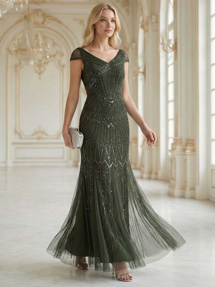 One Stop Shop Short Sleeves Off Shoulder Fishtail Embroidered Evening Dresses