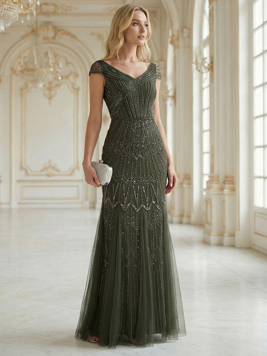 One Stop Shop Short Sleeves Off Shoulder Fishtail Embroidered Evening Dresses