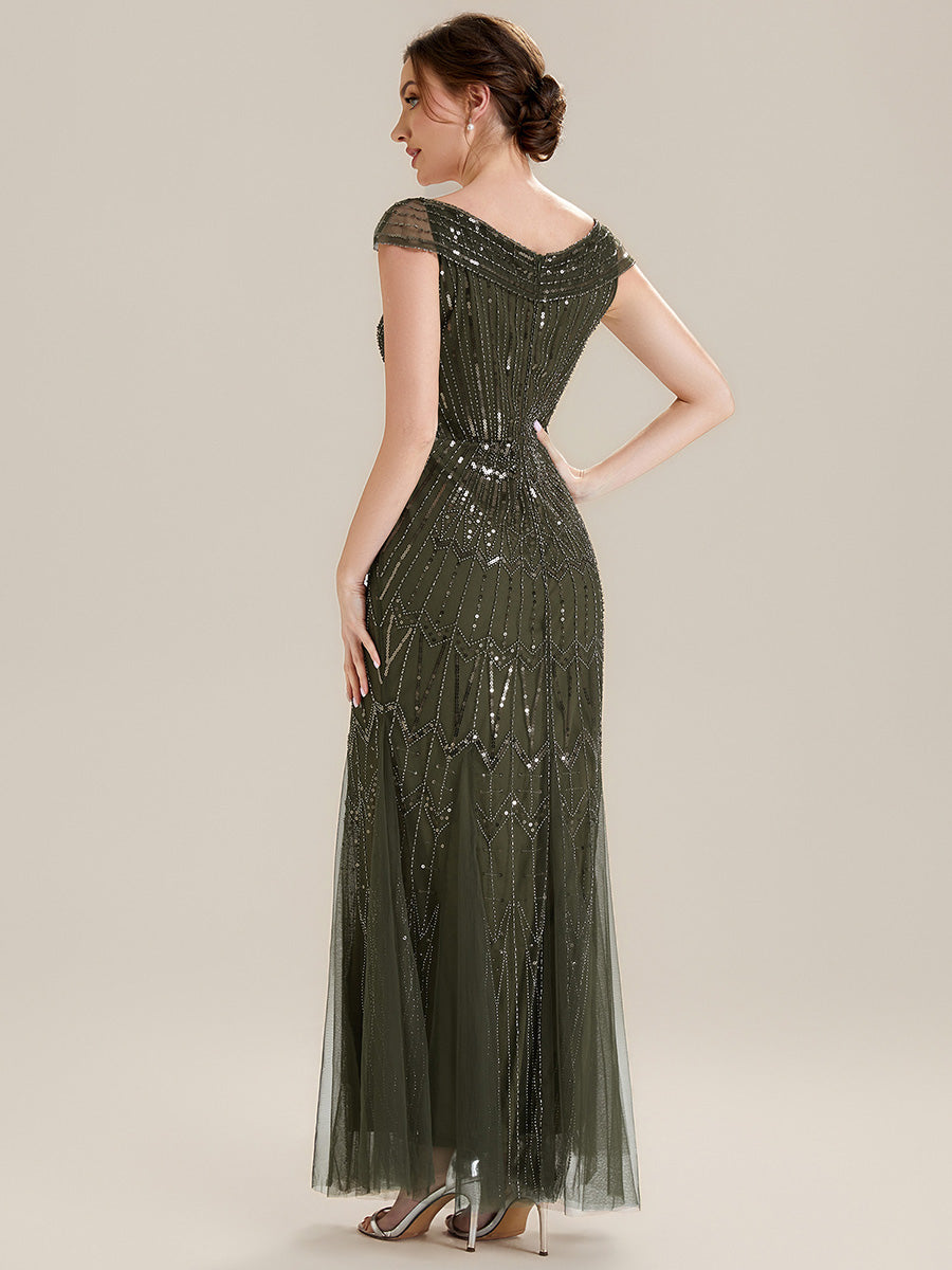 Color=Olive Green | One Stop Shop Short Sleeves Off Shoulder Fishtail Embroidered Evening Dresses-Olive Green 12