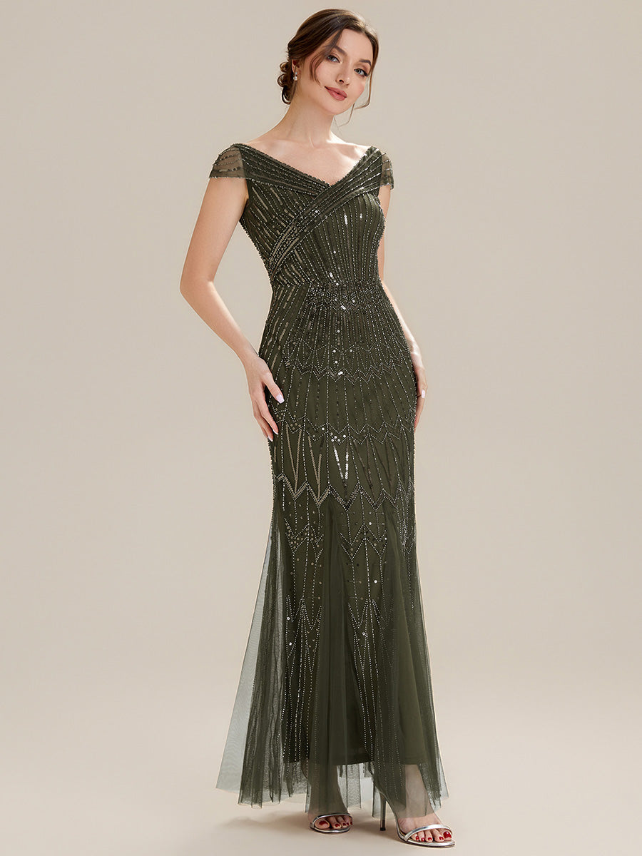 Color=Olive Green | One Stop Shop Short Sleeves Off Shoulder Fishtail Embroidered Evening Dresses-Olive Green 14