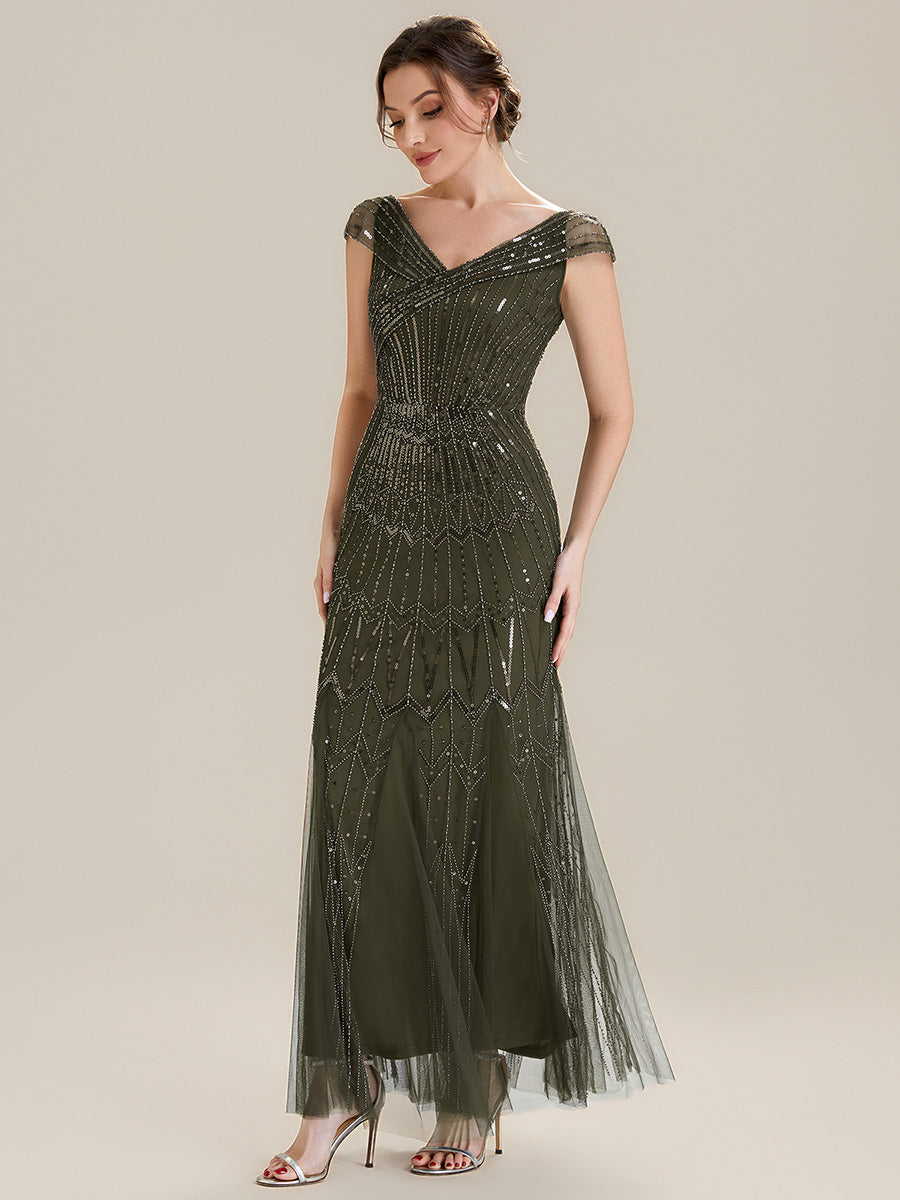 Color=Olive Green | One Stop Shop Short Sleeves Off Shoulder Fishtail Embroidered Evening Dresses-Olive Green 15