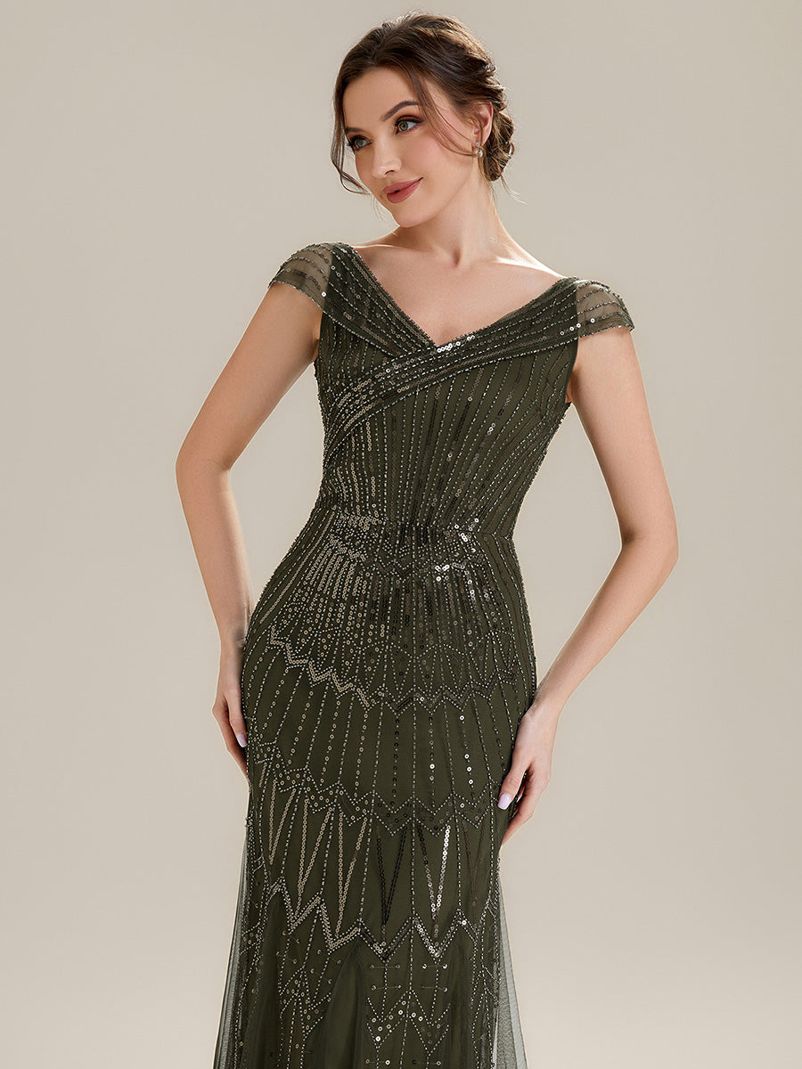 Color=Olive Green | One Stop Shop Short Sleeves Off Shoulder Fishtail Embroidered Evening Dresses-Olive Green 13