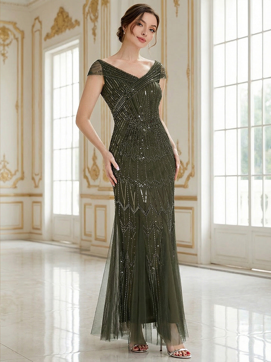 One Stop Shop Short Sleeves Off Shoulder Fishtail Embroidered Evening Dresses