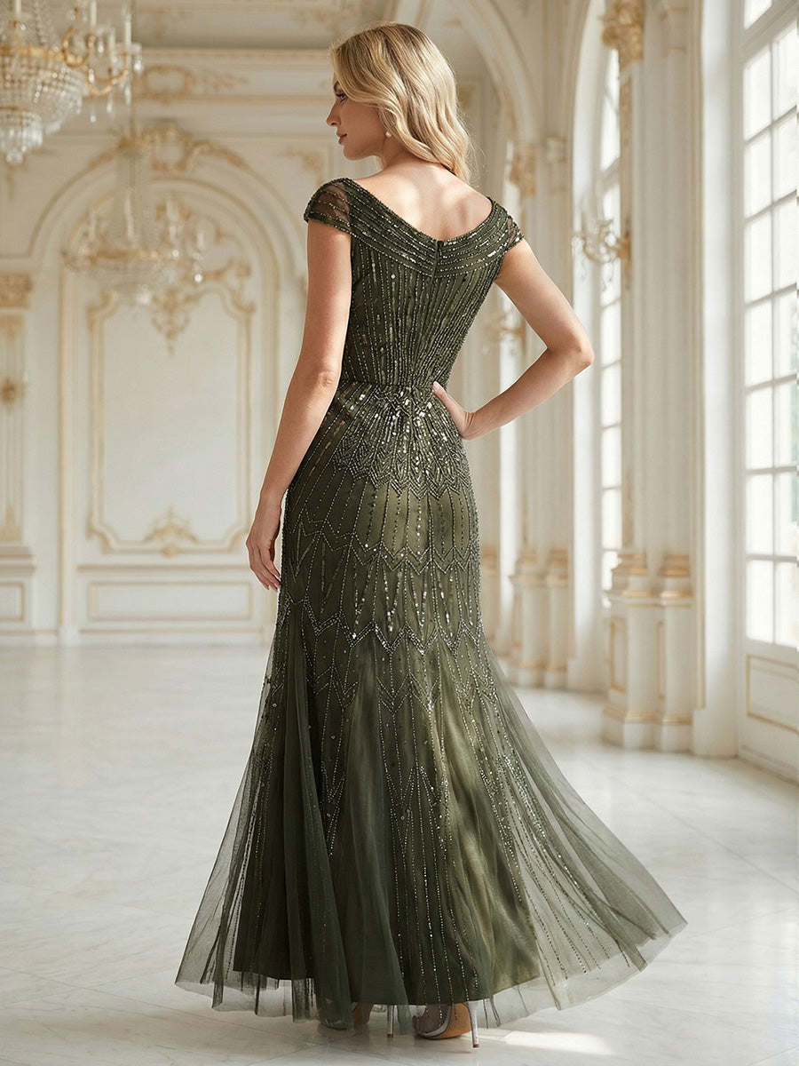 One Stop Shop Short Sleeves Off Shoulder Fishtail Embroidered Evening Dresses