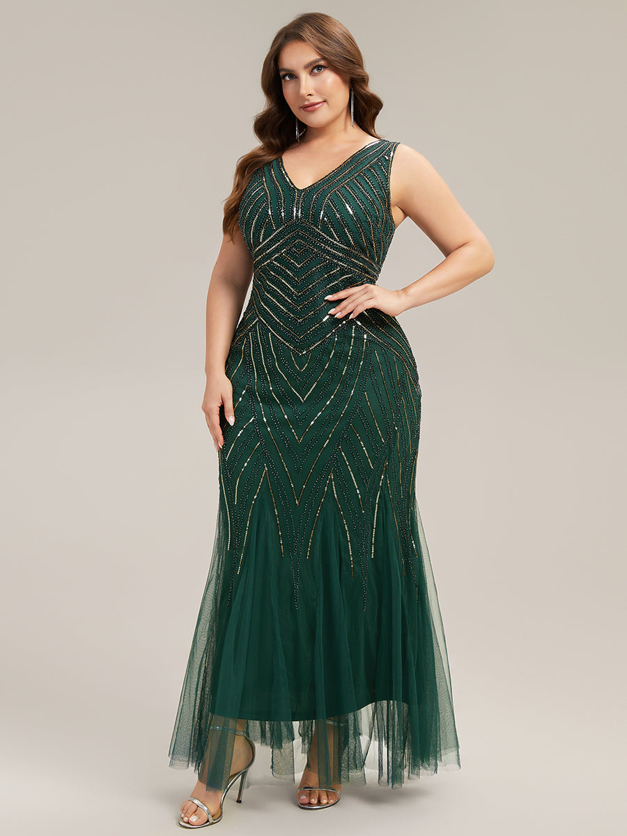 Color=Dark Green | Commercial Wholesale Sleeveless High Stretch Fishtail Beaded V-Neck Evening Dresses-Dark Green 9