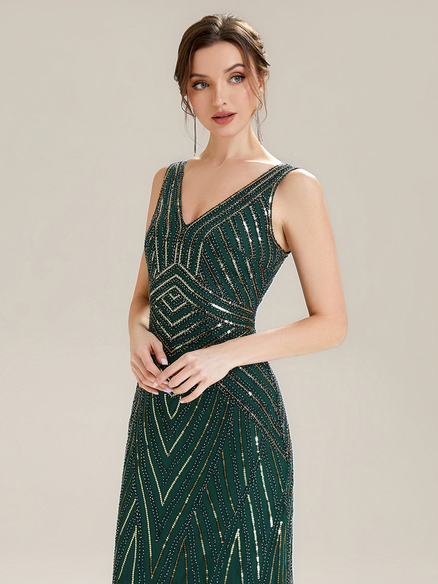 Color=Dark Green | Commercial Wholesale Sleeveless High Stretch Fishtail Beaded V-Neck Evening Dresses-Dark Green 3