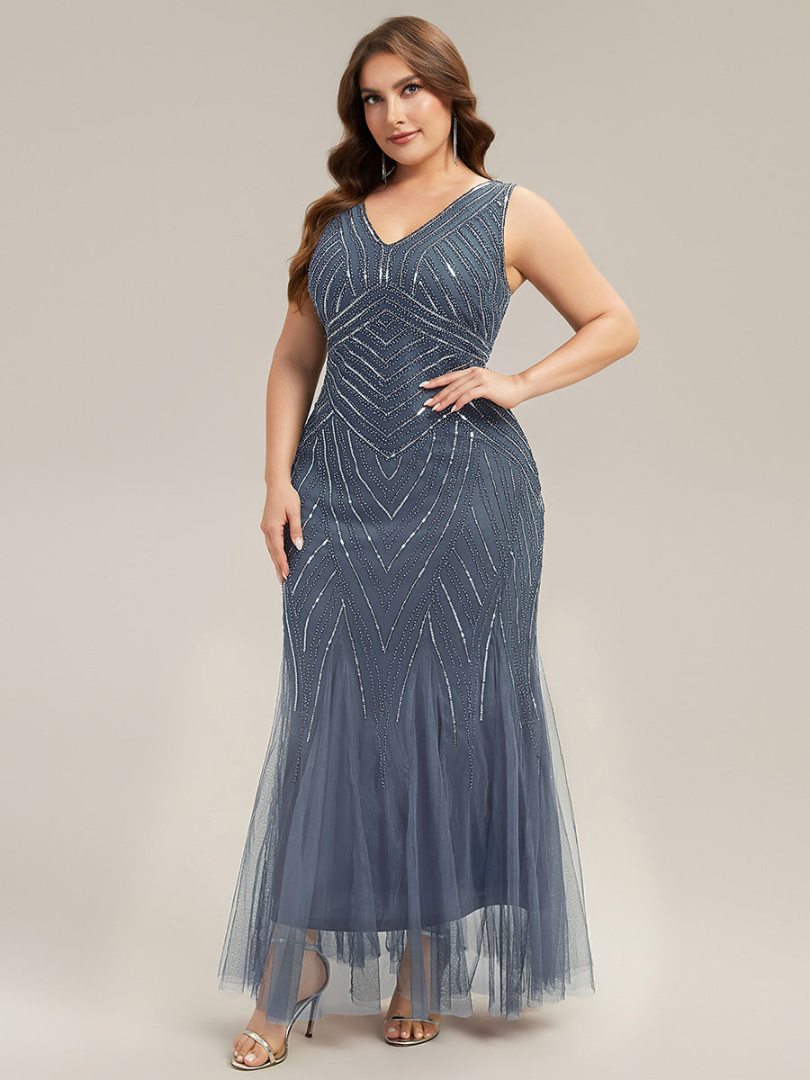 Color=Dusty Blue | Commercial Wholesale Sleeveless High Stretch Fishtail Beaded V-Neck Evening Dresses-Dusty Blue 19