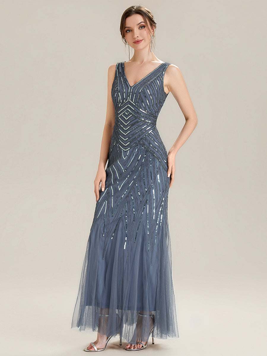Color=Dusty Blue | Commercial Wholesale Sleeveless High Stretch Fishtail Beaded V-Neck Evening Dresses-Dusty Blue 14