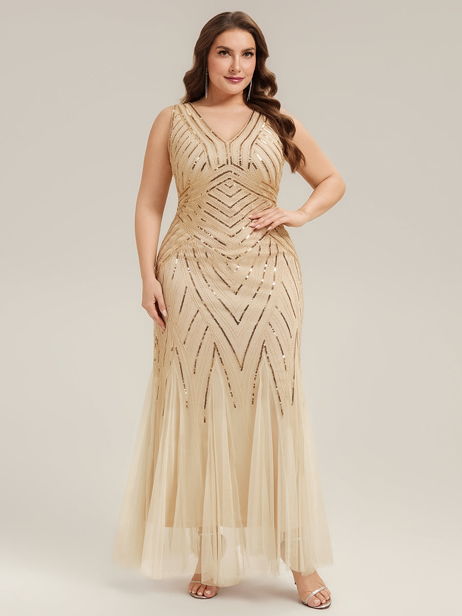 Color=Gold | Commercial Wholesale Sleeveless High Stretch Fishtail Beaded V-Neck Evening Dresses-Gold 30