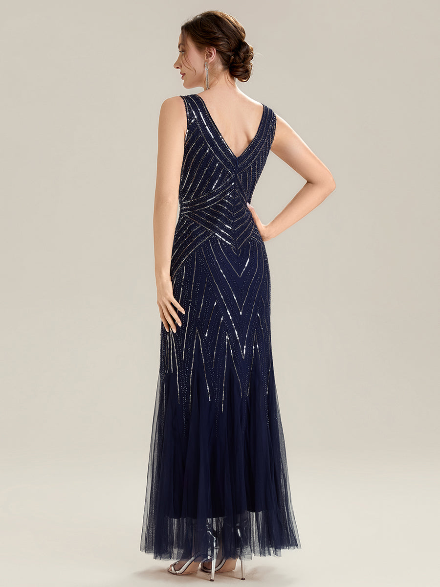 Color=Navy Blue | Commercial Wholesale Sleeveless High Stretch Fishtail Beaded V-Neck Evening Dresses-Navy Blue 32
