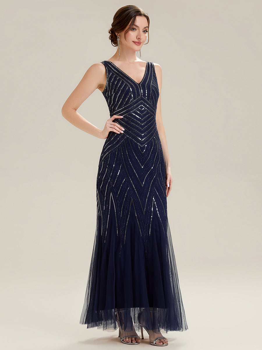 Color=Navy Blue | Commercial Wholesale Sleeveless High Stretch Fishtail Beaded V-Neck Evening Dresses-Navy Blue 34