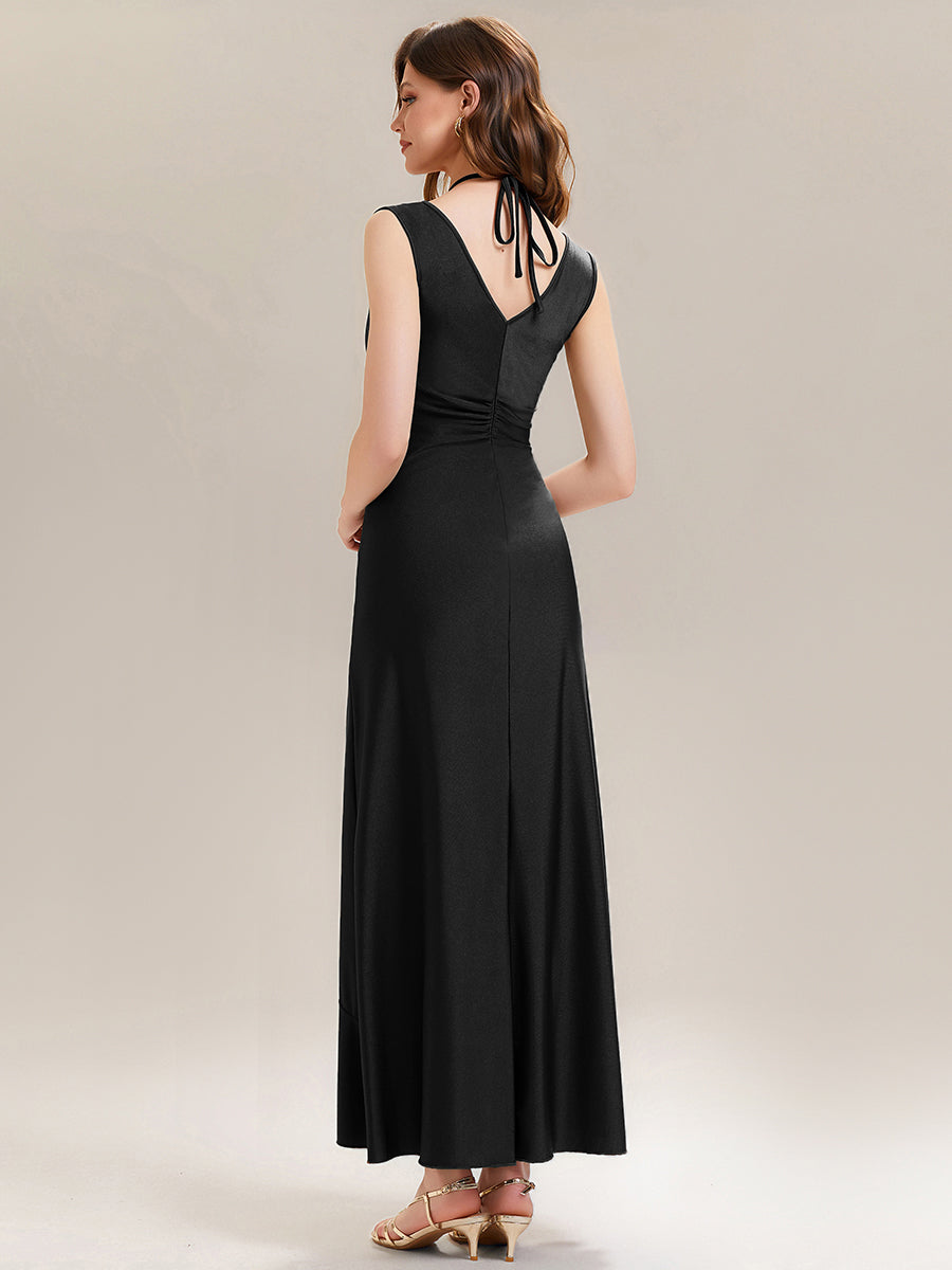 Color=Black | Industrial Use Sleeveless V-Neck High Stretch Bodycon Maxi Dress with Ruffles Evening Dresses-Black 2