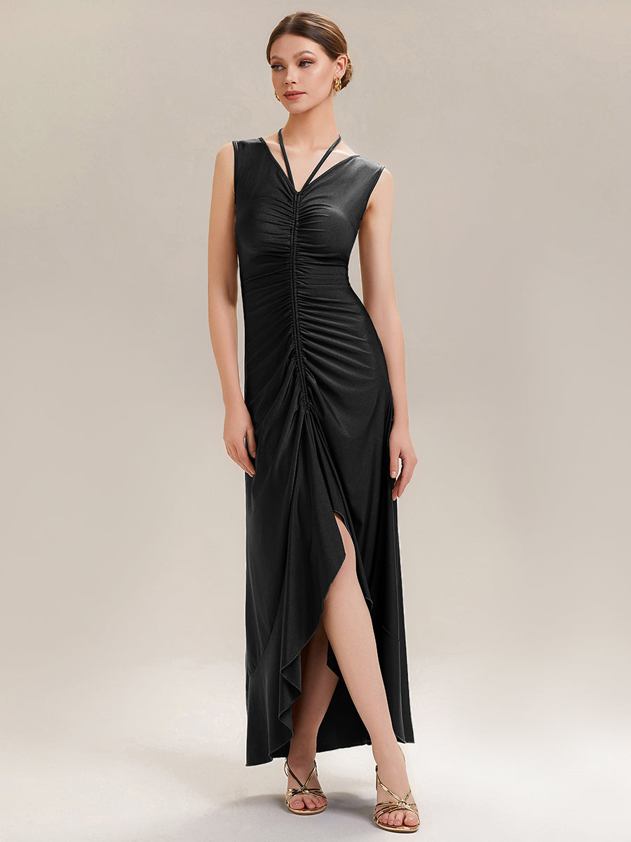 Color=Black | Industrial Use Sleeveless V-Neck High Stretch Bodycon Maxi Dress with Ruffles Evening Dresses-Black 5