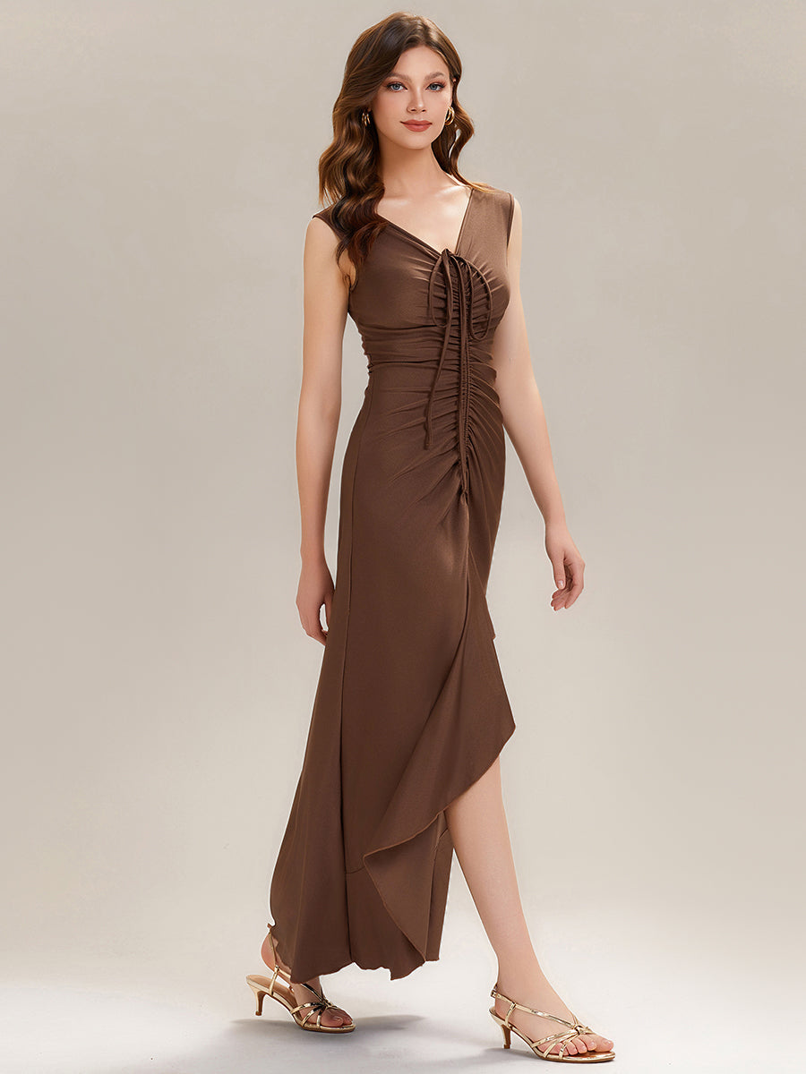 Color=Brown | Industrial Use Sleeveless V-Neck High Stretch Bodycon Maxi Dress with Ruffles Evening Dresses-Brown 9