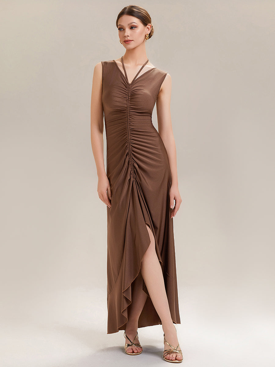 Color=Brown | Industrial Use Sleeveless V-Neck High Stretch Bodycon Maxi Dress with Ruffles Evening Dresses-Brown 10