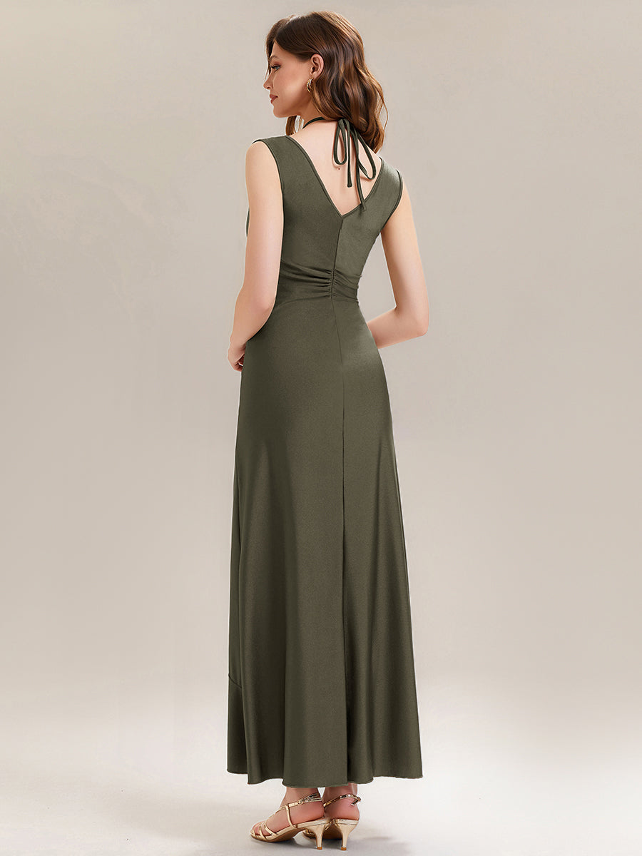 Color=Olive Green | Industrial Use Sleeveless V-Neck High Stretch Bodycon Maxi Dress with Ruffles Evening Dresses-Olive Green 12